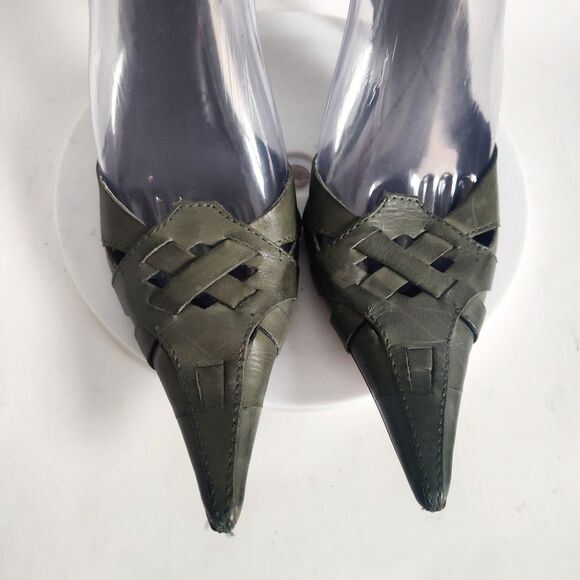 Aldo Heels Size 9 Y2K 90s Olive Green Leather Pointy Toe Ankle Strap Stiletto - Picture 6 of 11